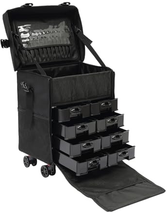 Maletín de cosméticos con ruedas, carrito de cosméticos portátil, carrito de belleza multifuncional, 38 x 29 x 42 cm, negro, adecuado para uso en maquillaje, manicura y peluquería