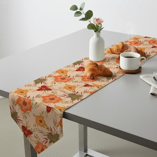 Orange Red Flowers Green Leaves Twig Holiday Table Runners Table Turner for Dining Runner for Spring Theme Kitchen Decor Spring Decoration Home Kitchen Dining Holiday Decor 13 × 90 inch