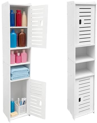 Chiluxendo Bianco Mobiletto Bagno, Colonna Bagno con Ante e Ripiani Aperti, Armadietto Bagno e Stretto, Mobile Autoportante Impermeabile, Armadietto da Terra per Bagno Cucina e Soggiorno(20x18x97cm)