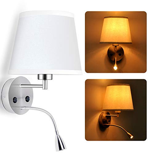 BarcelonaLed - Applique da parete E27 con faretto di lettura orientabile flessibile da 1 W, paralume in tessuto bianco, con 2 interruttore, per camera da letto, testiera del letto, comodino, salotto