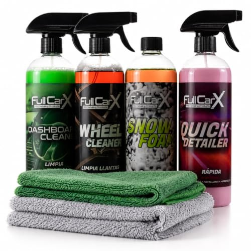 AutoFullCar – Pack Limpieza Coche Interior y Exterior FullCarX | 4 Productos de 750ml Cada Uno + Bayeta Microfibra + Bayeta Secado | Cera, Champú, Limpiallantas, Salpicaderos