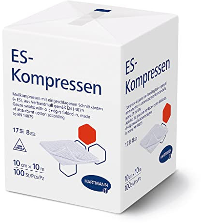 ES-KOMPRESSEN: Unsterile Mullkompressen zur Wundreinigung & Wundabdeckung, sowie zum Auftragen von Salben, 10 x 10 cm, 8-fach, 17-fädig, 100 St