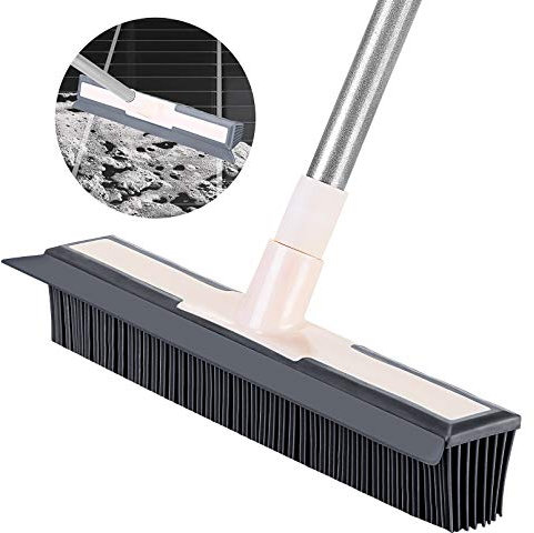 DECMAY Push Broom Long Handle Rubber Bristles Sweeper Squeegee Edge 50 inches Scratch Free Bristle Indoor Outdoor Broom for Windows Cleaning Pet Cat Dog Hair Carpet Hardwood Tile