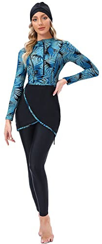 Burkini Damen Muslim Frauen Muslimische Bademode Modest Islamisch Arabisch Jilbab Langarm Schwimmoberteile Built in Bra+Schwimmhose+Hijab Kopftuch Khimar 3tlg Full Cover Schwimmanzug Blau Hawaii L