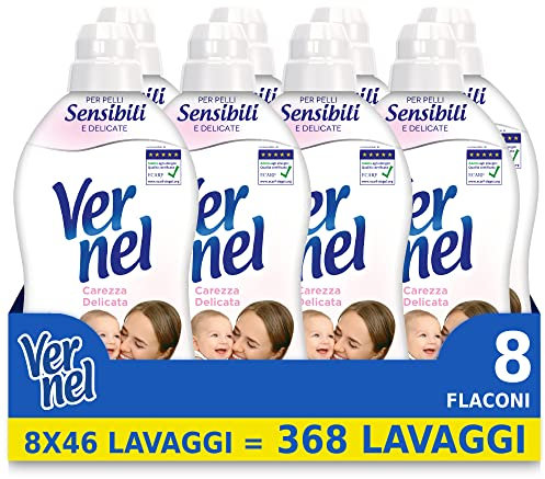 Vernel Carezza Delicata, Ammorbidente Lavatrice Concentrato, Pelli Sensibili e Delicate, Senza Coloranti, 8 x 46 Lavaggi, totale 368 lavaggi