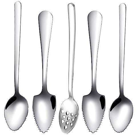 5 Set Cucchiai da Pompelmo, 4 Cucchiai da Pompelmo in Acciaio Inossidabile e 1 Cucchiaio con fori, Set di Utensili per Pompelmo, Cucchiaio con Bordi Seghettati,cucchiaio da frutta,cucchiaio da dessert