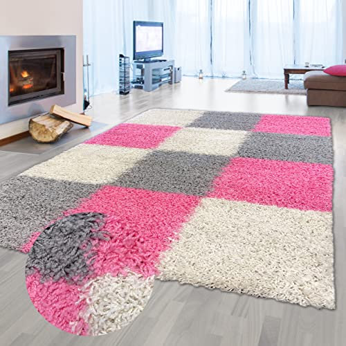 Flauschiger Shaggy-Teppich Hochflor mit Karomuster in rosa grau Creme 140x200cm