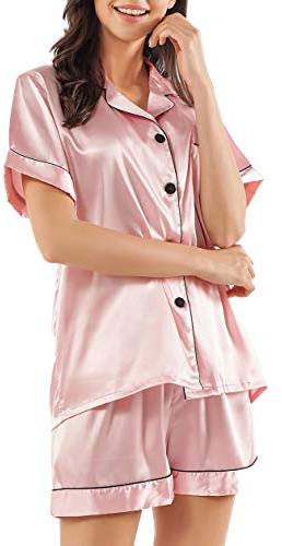 BigKing Pijamas de Manga de Manga Corta, Imitación de Seda, Ropa de Casa de un Solo Color de Imitación de Seda, Pijama de Dos Partes con Botones para el Hogar, Ocio, Viajes (XL, Rosa)