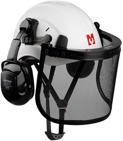 Mustbau Casque de Sécurité pour Tronçonneuse, Casque de Protection avec Coquilles Antibruit et Visière en Maille, 53 à 63cm Tour de Tête Réglable Convient pour Forestière, Chantier, Travail - Blanc