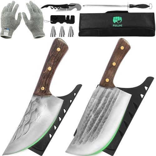 FULLHI Set di coltelli da macellaio 8 pezzi in acciaio ad alto tenore di carbonio forgiati a mano con borsa per coltelli