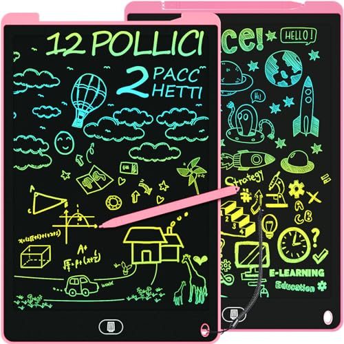 2 Pacchi Tavoletta Scrittura Portatile con Display Colorato 12 Pollici, Electight Tavoletta Scrittura da Disegno Cancellabile con Pulsante Elimina e Interruttore di Blocco, Giocattolo Educativo, Rosa