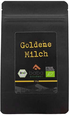 baba GOURMET - Original Bio Goldene Milch Pulver 100 g - 100% naturrein mit natürlichen Premium Zutaten - Golden Milk Powder natürlich ohne Zusatzstoffe & Aromen - Kurkuma Latte Mix Getränkemischung