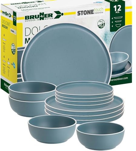 BRUNNER: Melamin Geschirr-Set Camping | 12-Teilig - Teller & Schüsseln für 2-4 Personen | DOLOMIT Midday - Stapelbar, Kratzfest