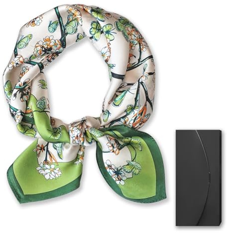 SUOXU Silk Neck Scarf Women,100% Silk Satin Square Head Scarf,Gifts for Mum,Girls Birthday Gifts,Mothers Day Gifts from Daughter,Son,Presents for Mum(53 x 53cm (Green butterfly)