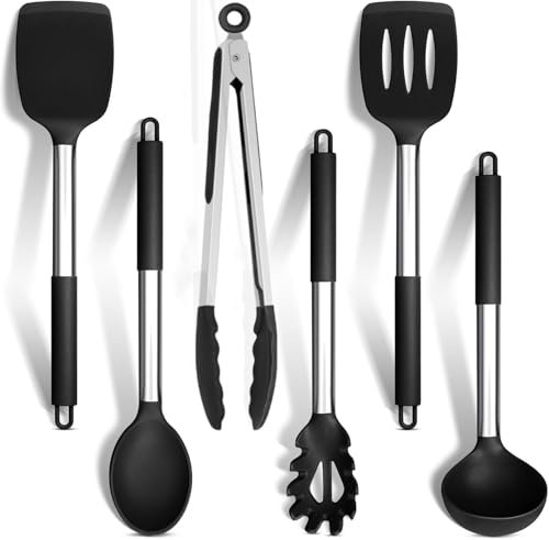 Kitchen Utensils Set, Premium Quality 6-Piece Silicone Cooking Utensil Set, Heat Resistant Stainless Steel Handle Cooking Tools, Food Grade Silicone| Kitchen Gadgets and Tools (6PC) ﻿ (Black)