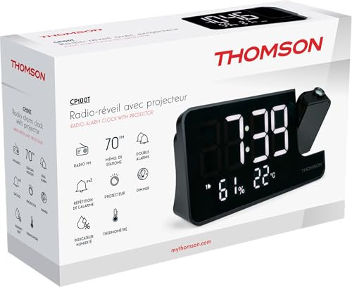 Radio-réveil projecteur - THOMSON - Noir - Radio FM, Température, Humidité, Double alarme, USB-C, Alim. 230V