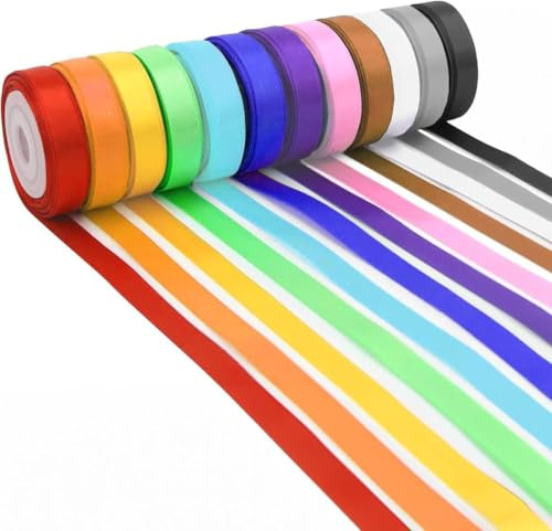 Cinta de Raso, 12 Cintas de Tela de Colores, 10mm x 22m para Envolver Regalos, Lazos de Bricolaje, Decoración Bodas, Globos y Cumpleaños.