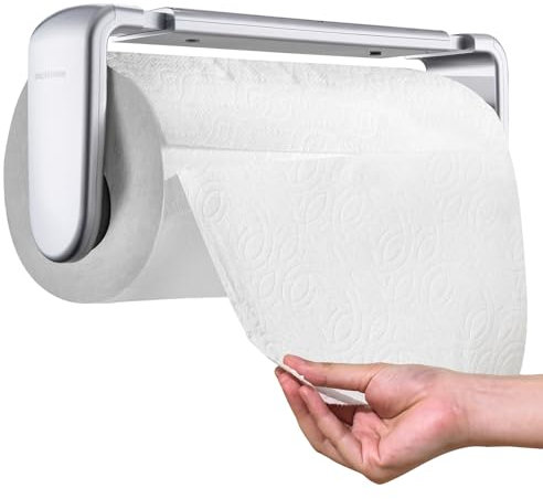 simpletome Paper Towel Holder Under Cabinet or Wall Mount ONE HAND Operation Tension Arm Kitchen Roll Holder (Silvery, for 24-28cm/9.4-11inches roll)