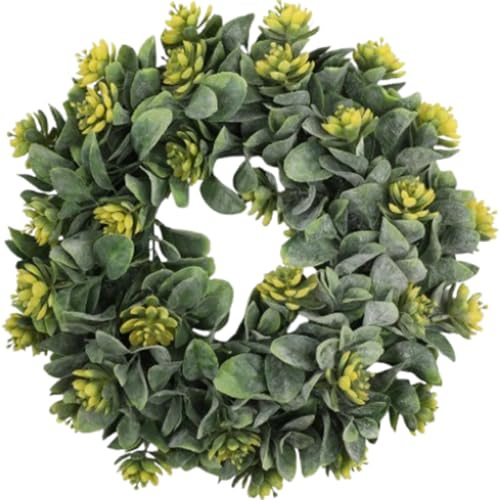 Bhina Corona de Eucalipto Artificial, Corona de Puerta de Primaver, Corona Artificial para la Puerta Delantera, Corona de Plástico para Boda, Fiesta, Jardín, Ventana, Pared, Chimenea, 35cm (Amarillo)