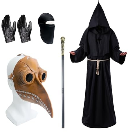 Plague Doctor Halloween Costume, Long Nose Beak Mask Adult Plague Doctor Mask Priest Robe Scepter Cross Necklace Belt Leather Gloves Balaclava Halloween Carnival Fancy Dress Cosplay Costume