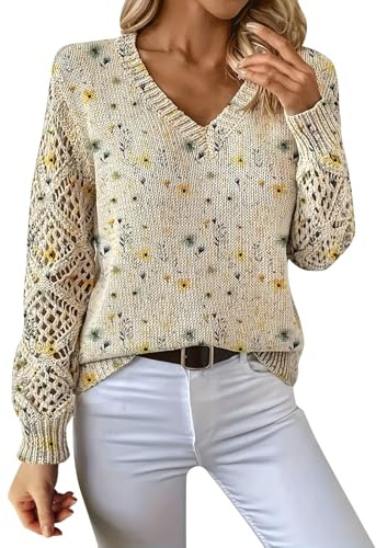 Donna Pullover Maglia Cotone Manica Lunga Donna Maglione Casual in Maglia A Tinta Unita con Scollo A V Manica Lunga E da Primavera E Autunno Inverno Maglioni da Yellow S