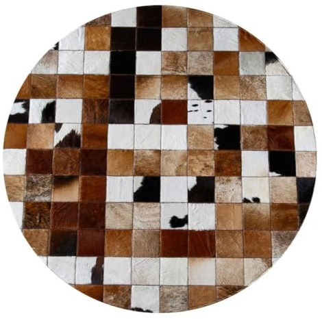 Suixtil Alfombra de Piel Vaca, Redonda, Cuero auténtico, Hecha a Mano, antiestrés, diseño Oficina, Estilo Patchwork Vintage, Grande, a for Sala Estar