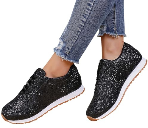 Nuqqichongtian Sneaker da donna con glitter e plateau leggeri paillettes metalliche, traspiranti, con lacci, scarpe da corsa, scarpe da ginnastica, scarpe da tennis, comode