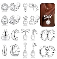 MILACOLATO 10 Paires Boucle d'Oreille Clip Femme Hypoallergéniques Clips Oreilles non Percées Argent/Plaqué Or 14K Boucles Oreilles Clip Creoles Zircone Perle Pendantes Faux Piercing Oreille-s