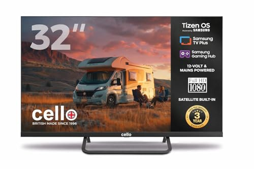 Cello CTRAV-32TZ TV LED Smart de 32 sin Marco 12V con Tizen OS de Samsung, Gaming Hub, Altavoces Pitch, HDMI, Bluetooth, Triple sintonizador