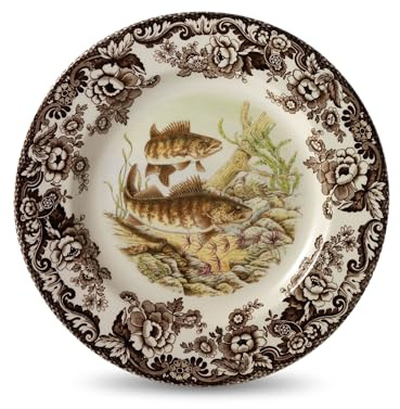Spode Woodland Walleye Dinner Plate - British Wildlife Fish Design with Traditional Floral Border, 10.5 Fine Earthenware Tableware - Dishwasher, Microwave, Freezer, Oven Safe - Made in England