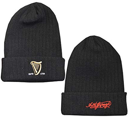 Guinness Gestrickte gerippte Beanie-Mütze mit gesticktem Text und Signatur, Schwarz, Einheitsgröße