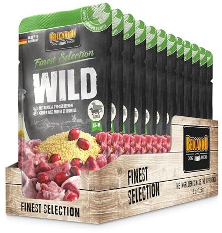 BELCANDO Sachets fraîcheurs [12x125g Gibier avec Millet et airelles] | Nourriture Humide pour Chiens | Nourriture Humide complète en Sachet Individuel