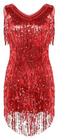 Agoky Ärmlös paljettklänning för kvinnor, v-ringad, glitter, tofsar, festklänning, flapperkostym, dansklänning, samba tango, latin, kläder