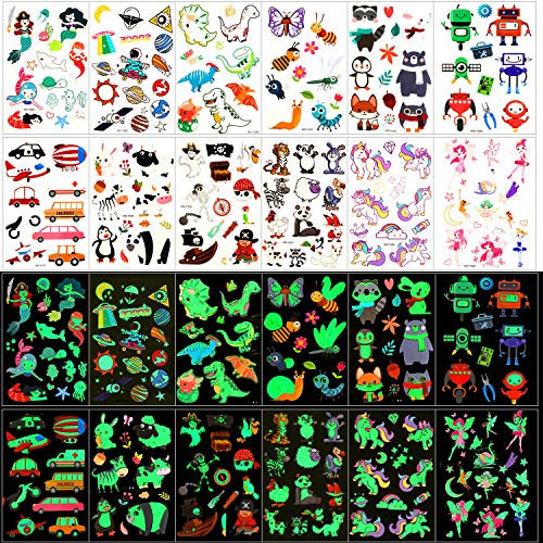Qpout Temporäre Tattoos für Kinder, 135 Stück Im Dunkeln Leuchtende Mixed Style Cartoon Tattoo, Einhorn Meerjungfrau Schmetterling Tier Dinosaurier Pirat Tattoo, Jungen Mädchen Party Dekor Geschenk