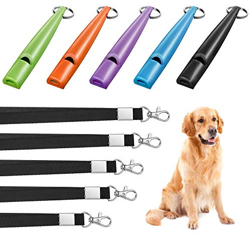 Weewooday 5 Pieces High Pitch Plastic Dog Whistles for Recall Training, Dog Training Whistle with Lanyards and Key Rings (Black, Orange, Blue, Purple, Green)