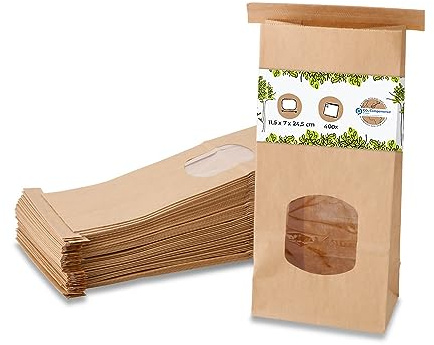 Bolsas de papel con fondo plano tamaño M con ventana y cierre de clip 400 unidades I bolsas de papel kraft marrón con ventana y revestimiento de película de PP I bolsas de galletas, etc