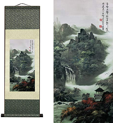 Valart Rollbild aus Seide Asiatisch Wand Dekoration Wasserfall Fluss Landschaft Gemälde - Berg Frühling Herbst Farbe Schön Chinesische Kunstwandrolle Seidenmalerei Orientalisches Dekor(36.2x 12 Zoll)