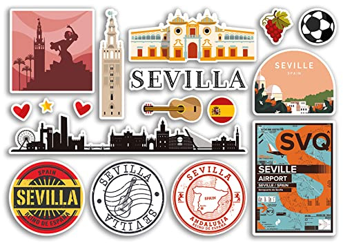 A5 Foglio adesivo Siviglia Punti di riferimento Adesivi in vinile - Spagna Aeroporto Spagnolo Francobolli Skyline Bandiera Mappa Viaggi Vacanze Scrapbooking Città Bagagli #79138