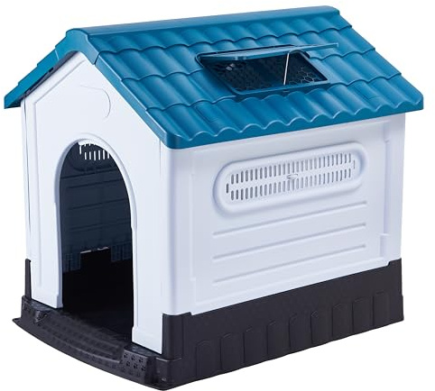 Lanco - Caseta para Perros Pequeños con Techo corredizo Regulable. Uso Interior y Exterior con ventilación. Material Resistente. 68x55x66cm. Azul y Blanco.