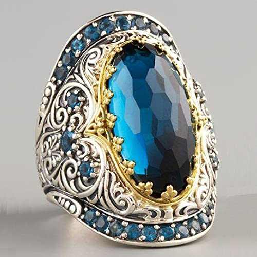 KOICCVQQ Sterling Silver 18K Gold Carve Pattern Set Topaz Gem Ring Handmade Polishing Originality Luxury Aristocrat Natural Gem Trinket Ring Charming Temperament Defense Durable Ring Size 9