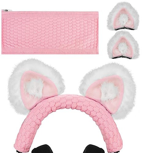 Geekria NOVA Knit Fabric Headband Cover + Cat Ears Attachment Set Compatible with Razer, SteelSeries, HyperX, Sennheiser, ASTRO, SONY, Logitech, ATH Headphones (White/Pink)