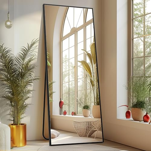 Sweetcrispy 64x21 Full Length Body Floor Mirror Standing Hanging or Leaning Against Wall, Large Wall Mirror with Stand Aluminum Alloy Frame for Bedroom, Black