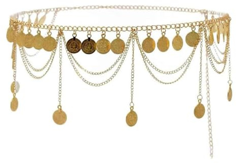 EORPAVU Cinturón de Cadena Retro para Mujer, Danza del Vientre con Borlas, Metal, Cadena de Cintura y Vestido Kurdo (Dorado)