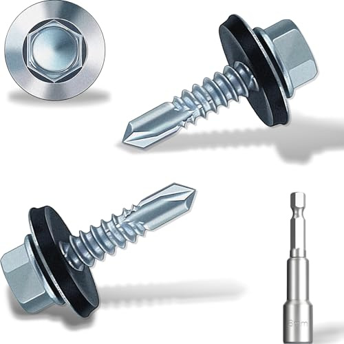 Självborrande takskruvar, 4,8 x 19 mm, 250 stycken sexkantiga plåtskruvar, självborrande takskruvar med gummitätning. med insexkant, zinkplatta.