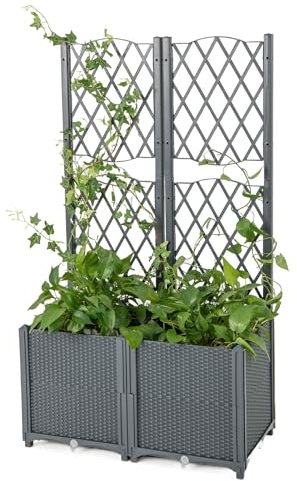 GOPLUS Blumenkasten mit Rankgitter, Hochbeet mit Spalier für Kletterpflanzen & Topfpflanzen, Tiefes Pflanzbeet mit Drainagelöchern für Balkon, Hinterhof & Garten (Grau,80 x 40 x 140 cm)