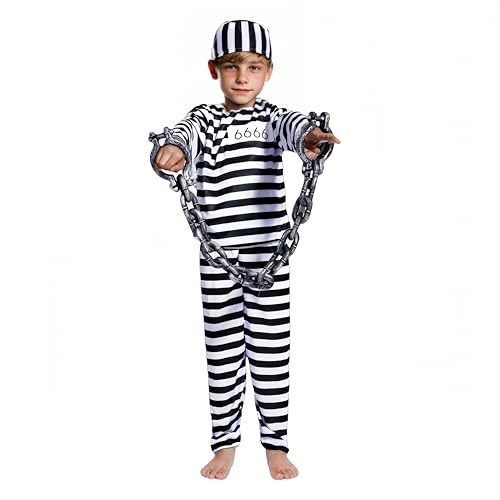 Proumhang Fånge Kostym för pojkar - Randig fånge/bandit dräkt med mössa, topp och byxor. Perfekt till karneval, Världsbokdagen & rollspel. Ålder: 4-6 år