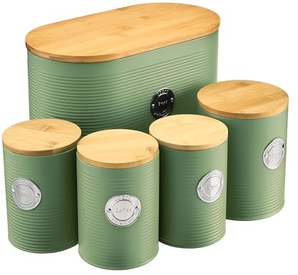 Cooks Professional 5 Piece Ribbed Tea Coffee Sugar Bread & Biscuit Cannisters with Air-Tight Bamboo Lids | Stainless Steel Kitchen Storage Bin Set | Modern & Stylish | Green & Silver