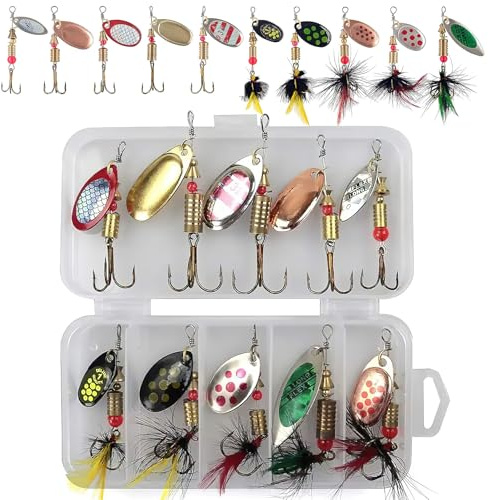 10Pcs Spinner Bait Set, Multi Colored Rotating Sequins Fishing Spinners Lures Baits Fishing Lures with Box, Fish Lure Kit for Trout Salmon Bass Freshwater and Saltwater Use