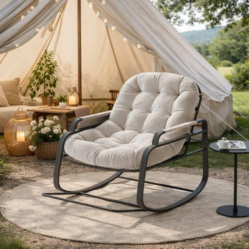 Hoscullo Sillón de jardín de ratán con organizador de reposabrazos, 90 cm de ancho, sillón de relax con reposapiés plegable, silla oscilante resistente a los rayos UV para exteriores, ahorra espacio
