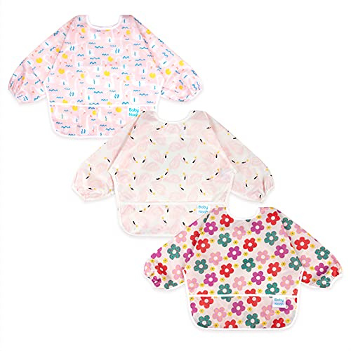 3 Pcs Long Sleeved Bib Set | Baby Waterproof Bibs with Pocket Bundle | Toddler Bib with Sleeves and Crumb Catcher | Stain and Odor Resistance Play Smock Apron - Pack of 3 | 6-12 Months